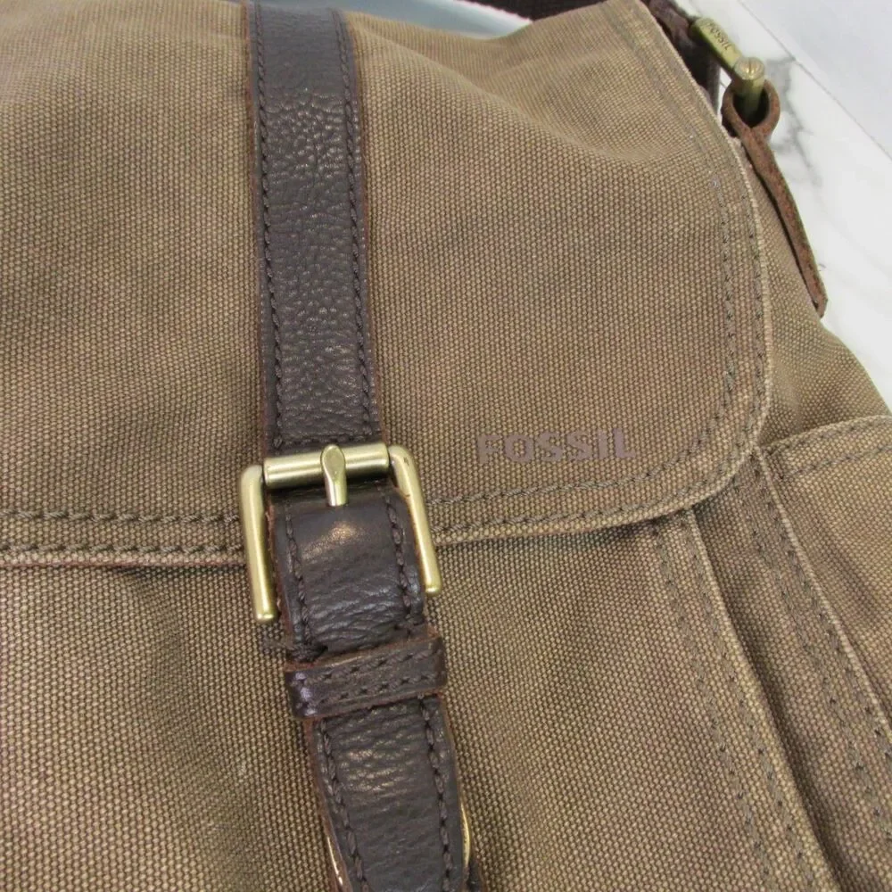 Fossil Estate Messenger Bag Olive Green Canvas Brown Leather Trim Crossbody